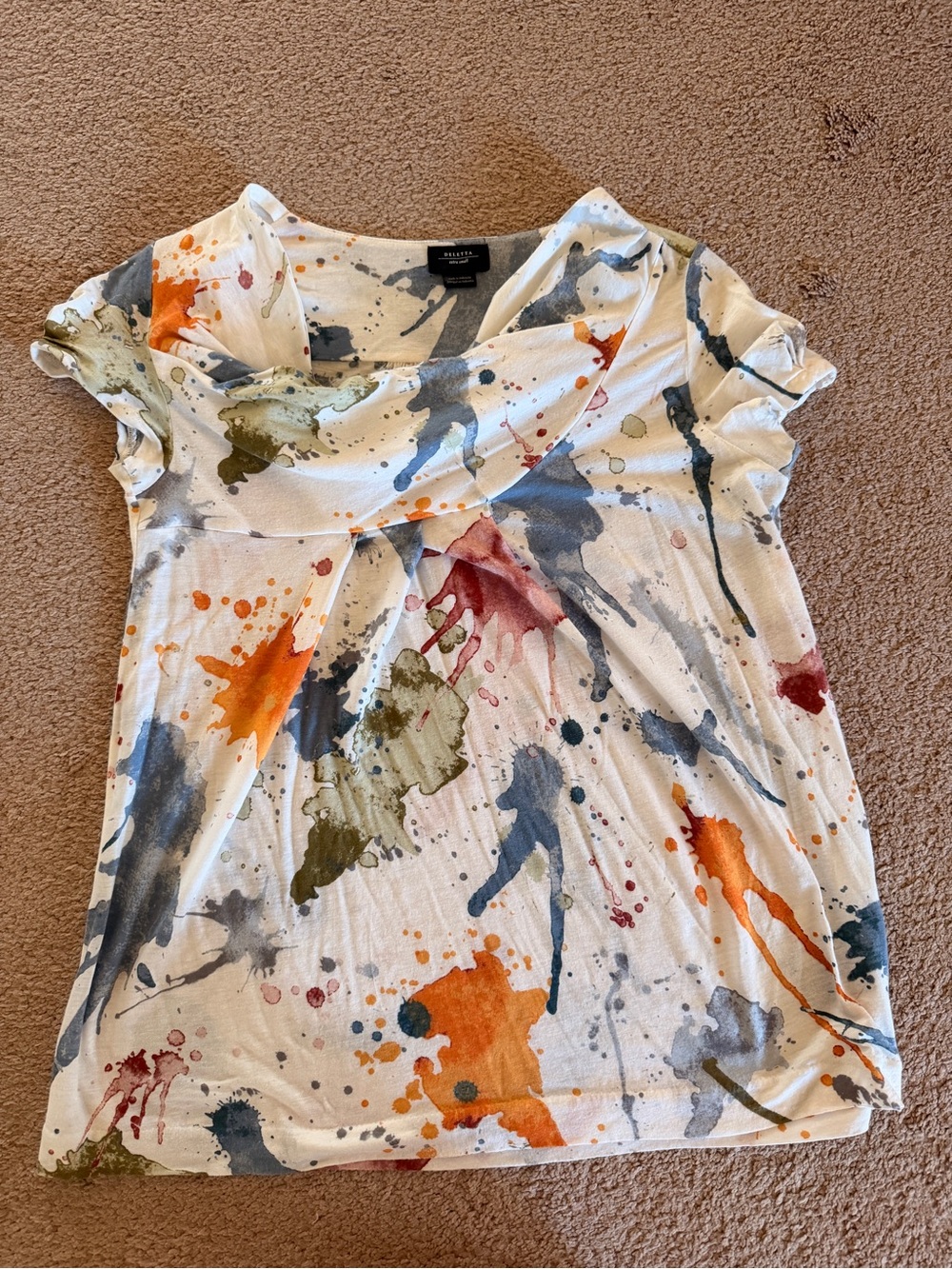 White Multicolor Splash-Print Cowl Neck Top